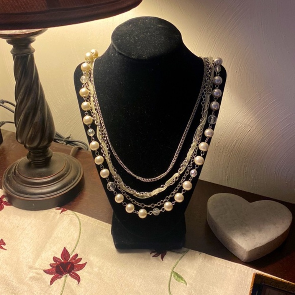 Long 16-17” Four-strand silver pearl ribbon chain necklace Charming Charlie